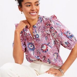 Loft blouse pink floral pattern frilly shoulder Size Medium
